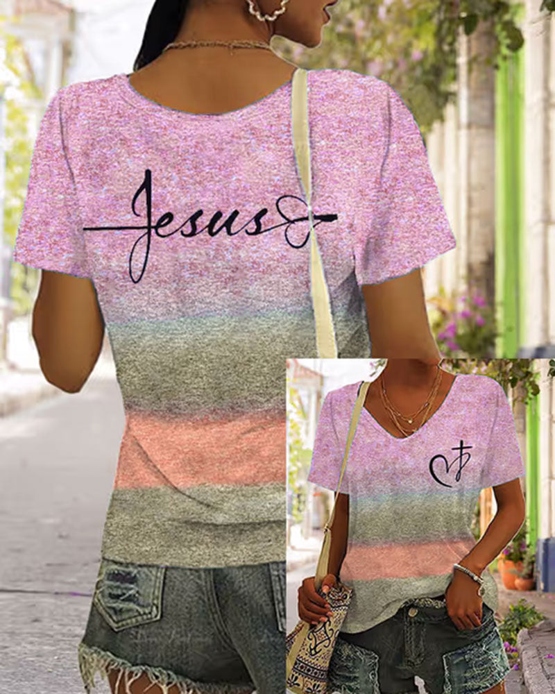 Cross Section Gradient JESUS Handwritten Cross Printed Short Sleeve T-shirt
