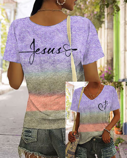 Cross Section Gradient JESUS Handwritten Cross Printed Short Sleeve T-shirt