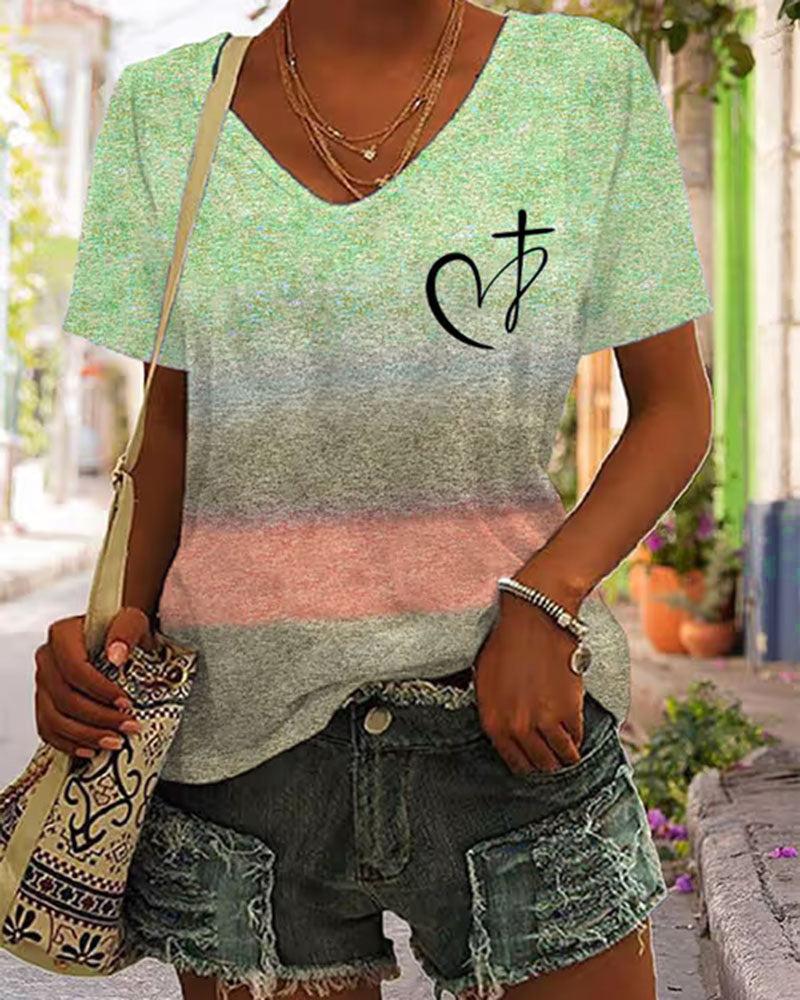 Cross Section Gradient JESUS Handwritten Cross Printed Short Sleeve T-shirt