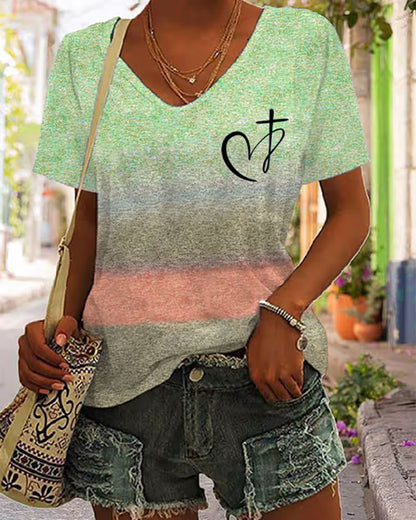 Cross Section Gradient JESUS Handwritten Cross Printed Short Sleeve T-shirt