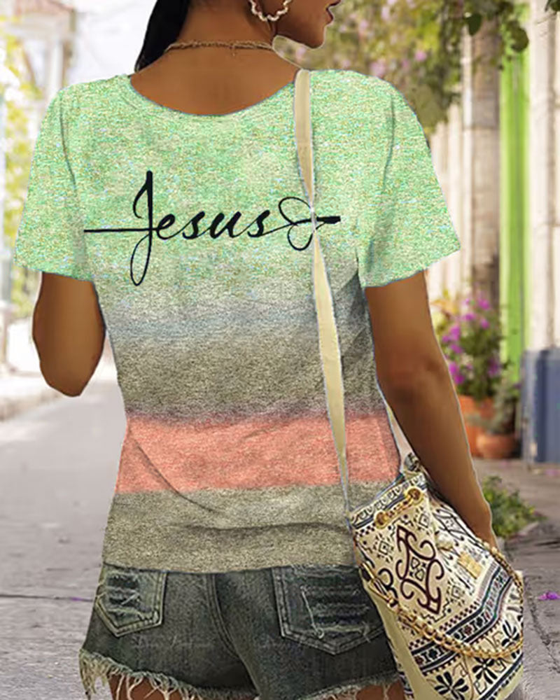 Cross Section Gradient JESUS Handwritten Cross Printed Short Sleeve T-shirt