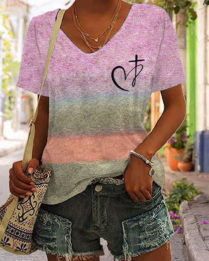 Cross Section Gradient JESUS Handwritten Cross Printed Short Sleeve T-shirt