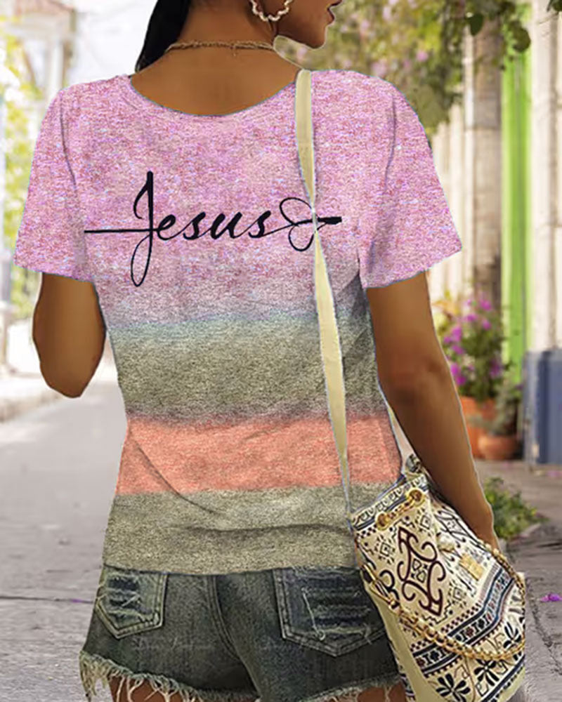 Cross Section Gradient JESUS Handwritten Cross Printed Short Sleeve T-shirt