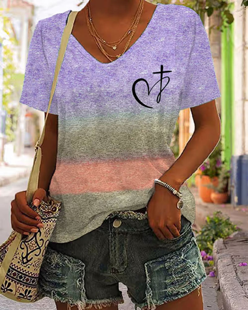 Cross Section Gradient JESUS Handwritten Cross Printed Short Sleeve T-shirt