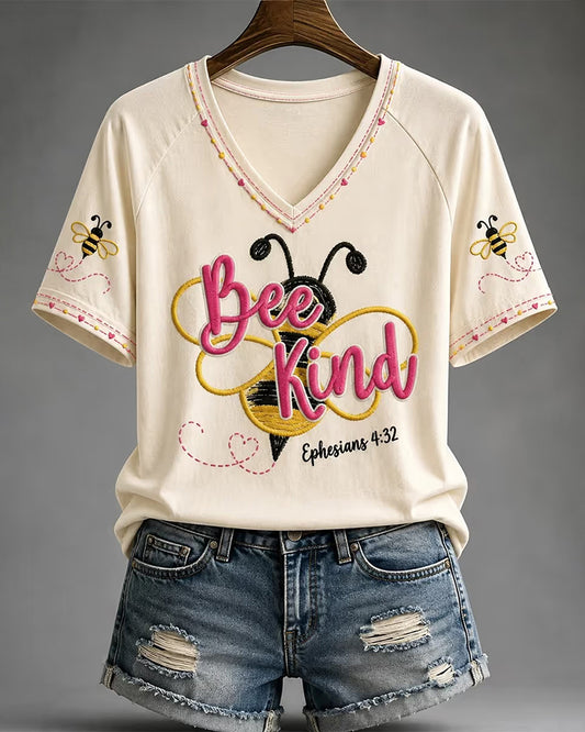 Women's Funny Bee Kind V-neck Short Sleeve Tshirt