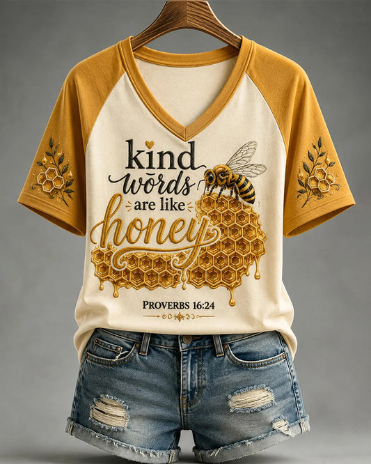 Women's Christian "Kind Words Are Like Honey," Bible Verse V-neck Short Sleeve Tshirt