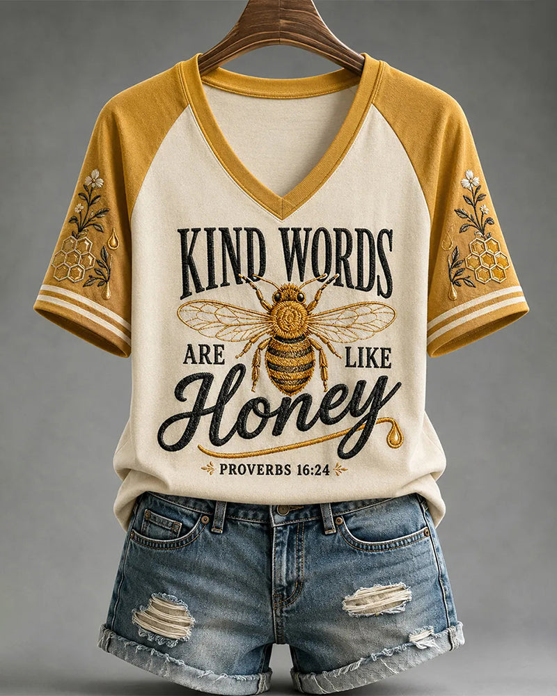 Women's Kind Words Are Like Honey Christian Bee V-neck Short Sleeve Tshirt