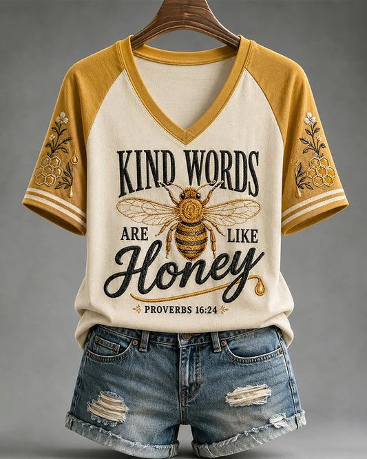 Women's Kind Words Are Like Honey Christian Bee V-neck Short Sleeve Tshirt