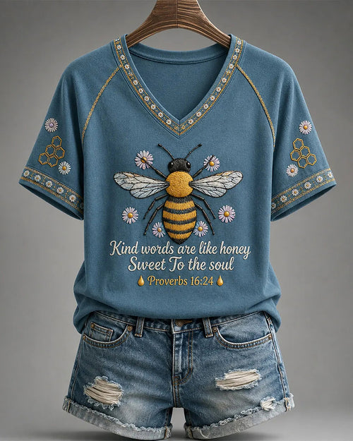 Women's Proverbs 16:24 Kind Words Are Like Honey Print V-neck Short Sleeve Tshirt