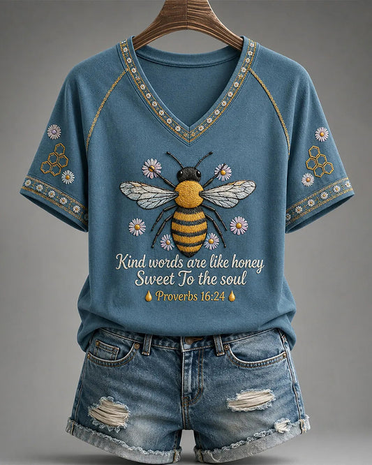 Women's Proverbs 16:24 Kind Words Are Like Honey Print V-neck Short Sleeve Tshirt