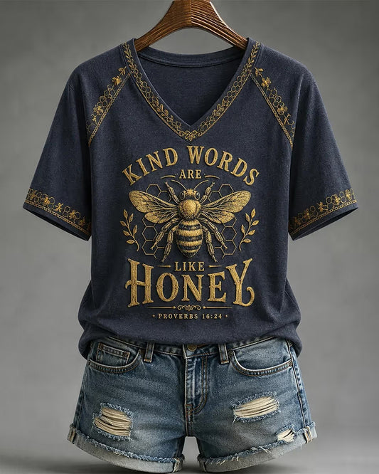 Women's Kind Words Are Like Honey Christian Bee Proverbs 16:24 V-neck Short Sleeve Tshirt