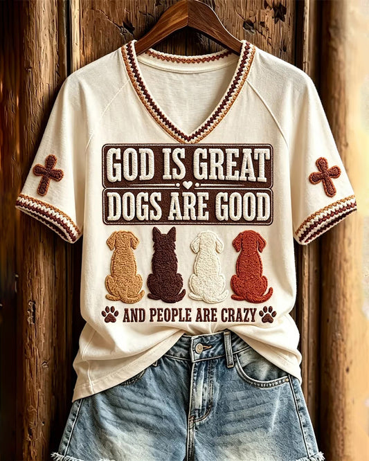 Women's Christian God Is Great Dogs Are Good Print V-neck Short Sleeve Tshirt