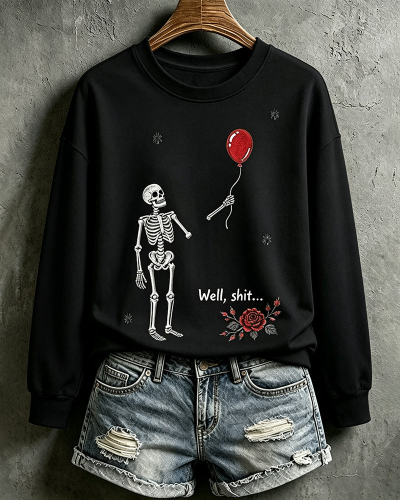 Women's Halloween Fun Skull Balloon Prints Round Neck Sweatshirt