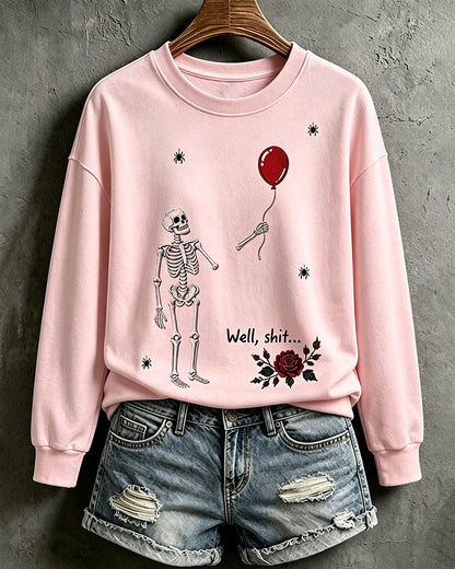 Women's Halloween Fun Skull Balloon Prints Round Neck Sweatshirt
