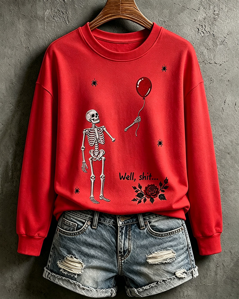 Women's Halloween Fun Skull Balloon Prints Round Neck Sweatshirt