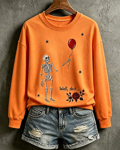 Women's Halloween Fun Skull Balloon Prints Round Neck Sweatshirt