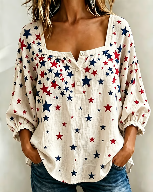 250th Anniversary Star Print Square Neck Casual Blouse