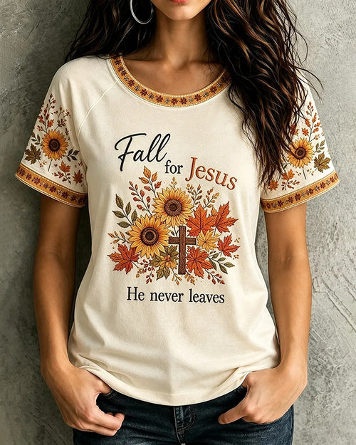 Women's Fall For Jesus Autumn sunflowers Crew Neck Short Sleeve Tshirt