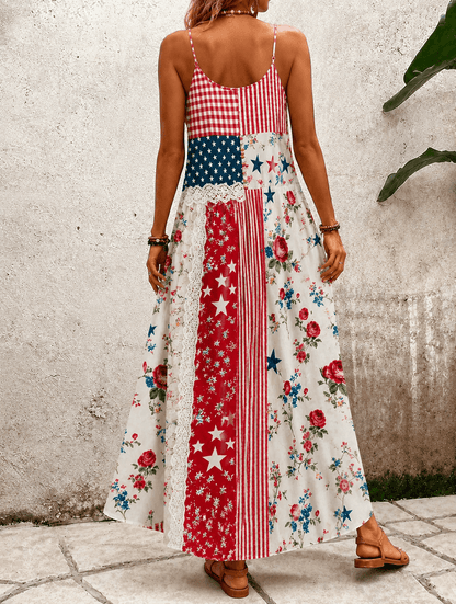 Sling National Flag Flower Lace Patchwork Print Pocket Maxi Dress