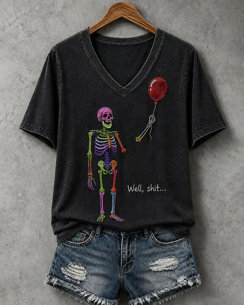 100% Cotton Women's Halloween Balloon Colorful Skull V- Neck Short Sleeve Tshirt