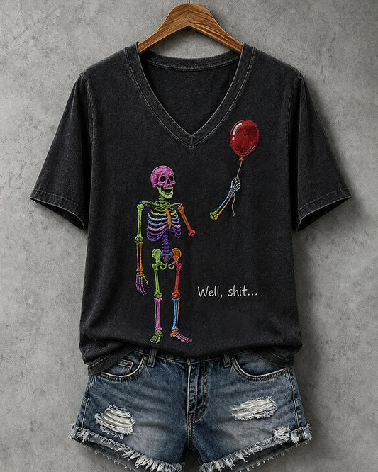 100% Cotton Women's Halloween Balloon Colorful Skull V- Neck Short Sleeve Tshirt