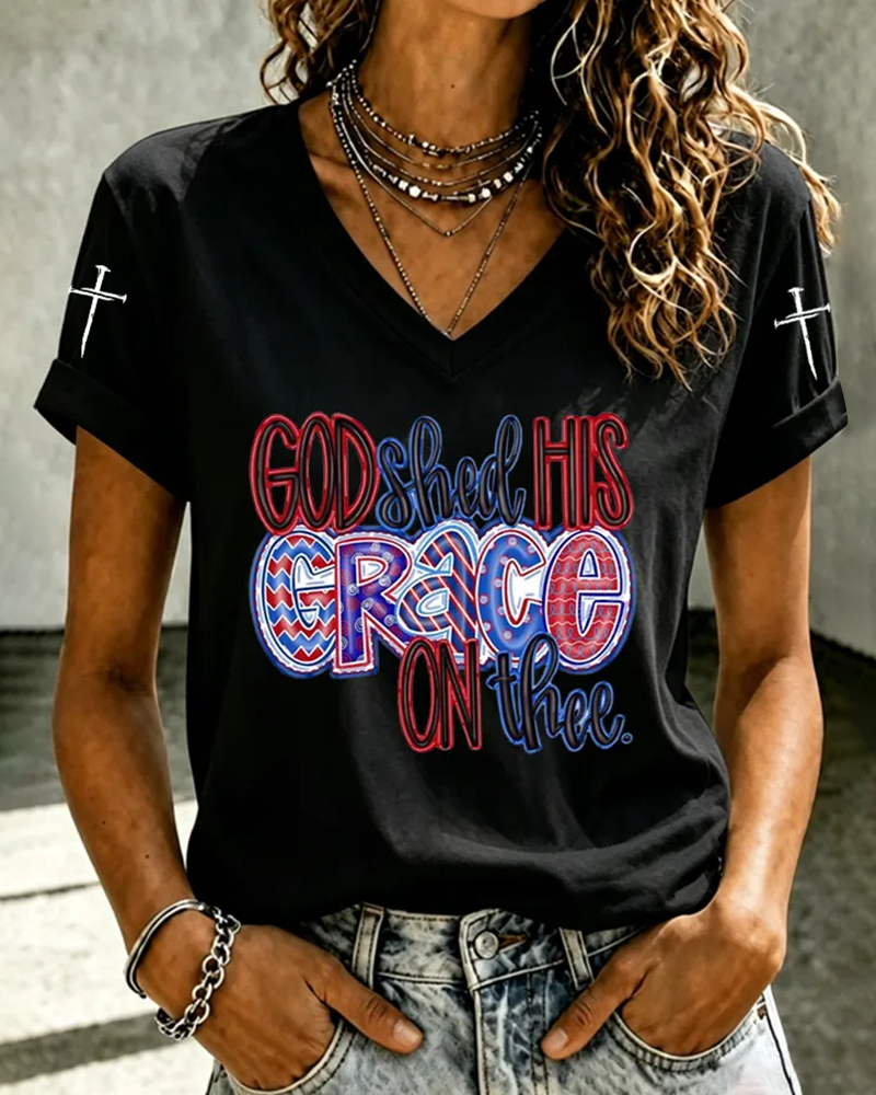 100% Cotton God Shed His Grace On Thee V Neck Short Sleeve Tshirt