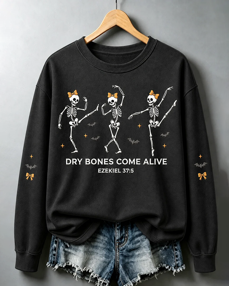 Women's Halloween Dry Bones Come Alive Print Round Neck Sweatshirt