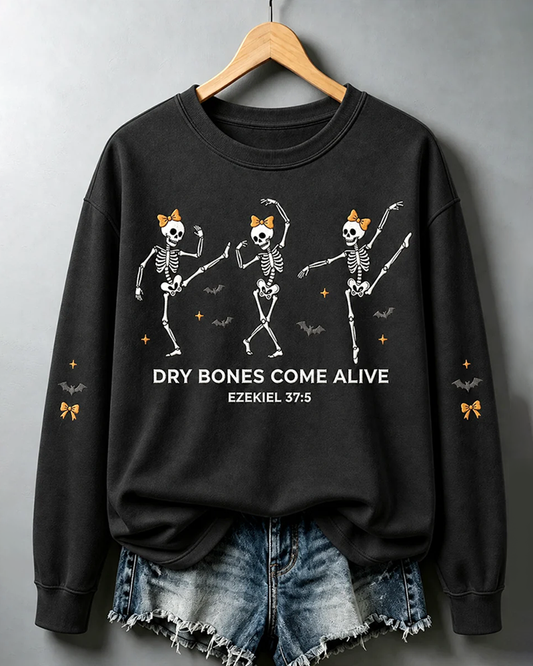Women's Halloween Dry Bones Come Alive Print Round Neck Sweatshirt