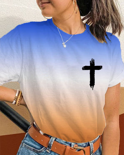 BLESSED BY GOD Front And Rear Double-sided Cross Printed Short Sleeve T-shirt