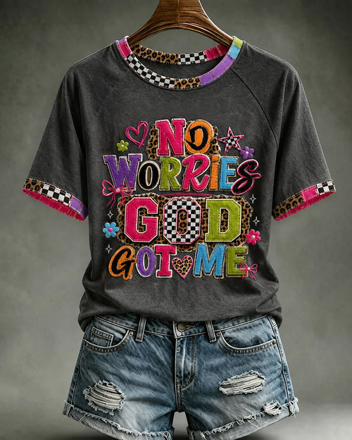 Women's Christian No Worries God Got Me Printed Crew Neck Short Sleeve Tshirt