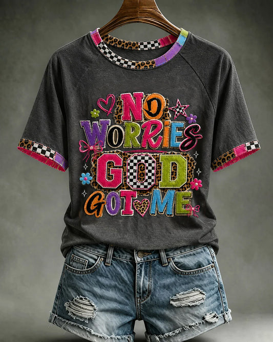Women's Christian No Worries God Got Me Printed Crew Neck Short Sleeve Tshirt