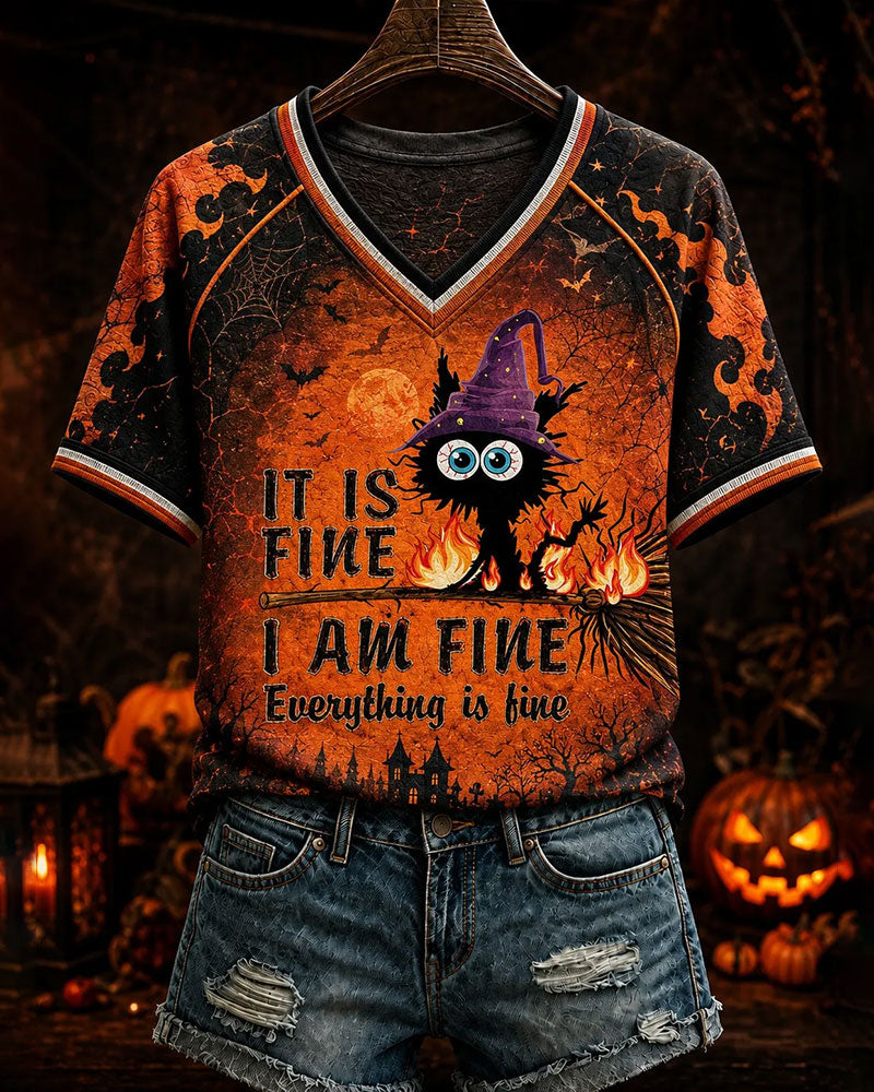 Women's Halloween I Am Fine Everything Is Fine CatT-Shirt