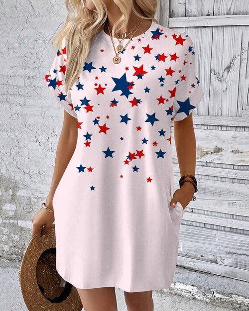 Color-block Irregular Stars Crew Neck Pockets Mini Dress