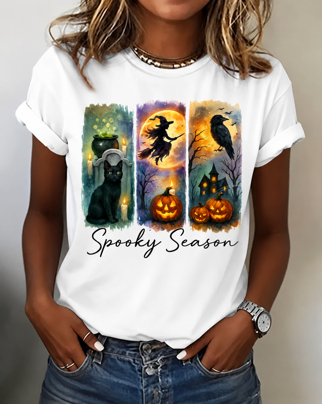 100% Cotton Halloween Pumpkin Witch Crew Neck Short Sleeve Tshirt