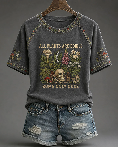 Women's All Plants Are Edible, Some Only Once' Printed V-neck Short Sleeve T-Shirt