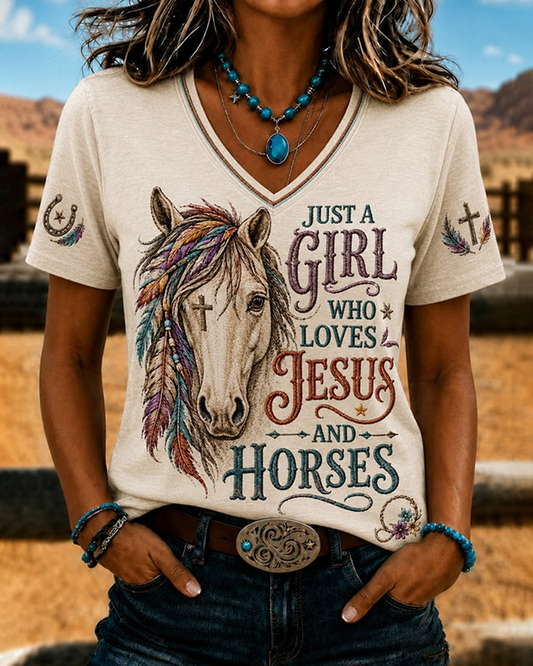 The Girl Loves Jesus and Horses V-neck Short Sleeve Tshirt