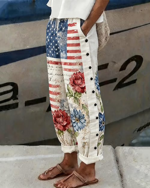 American Flag Rose Print Casual Pants