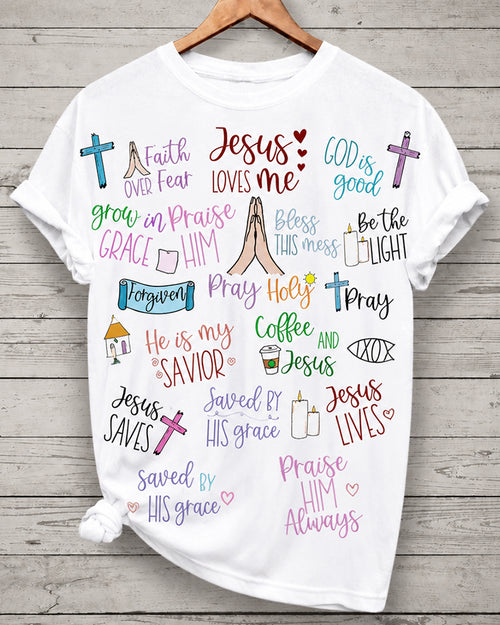 Colorful Religious Quotations Cross Hands Fun Printed Short Sleeve T-Shirt