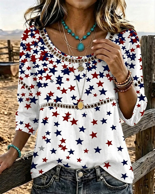 Color-blocked Little Stars Print Round Neck Blouse