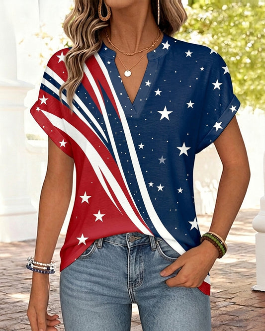 Color-blocked Striped Stars Print Short Sleeve Blouse