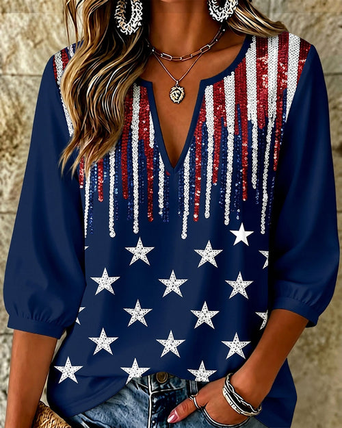 Color-blocked Striped Stars Print V‑Neck 3/4 Sleeve Blouse
