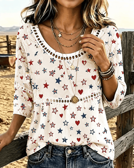 Colorful Heart Stars Print Round Neck Blouse