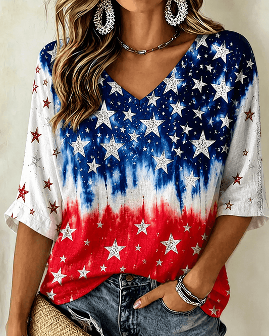 Contrast Tie-Dye Stars Print V-neck Half Sleeved Loose Top
