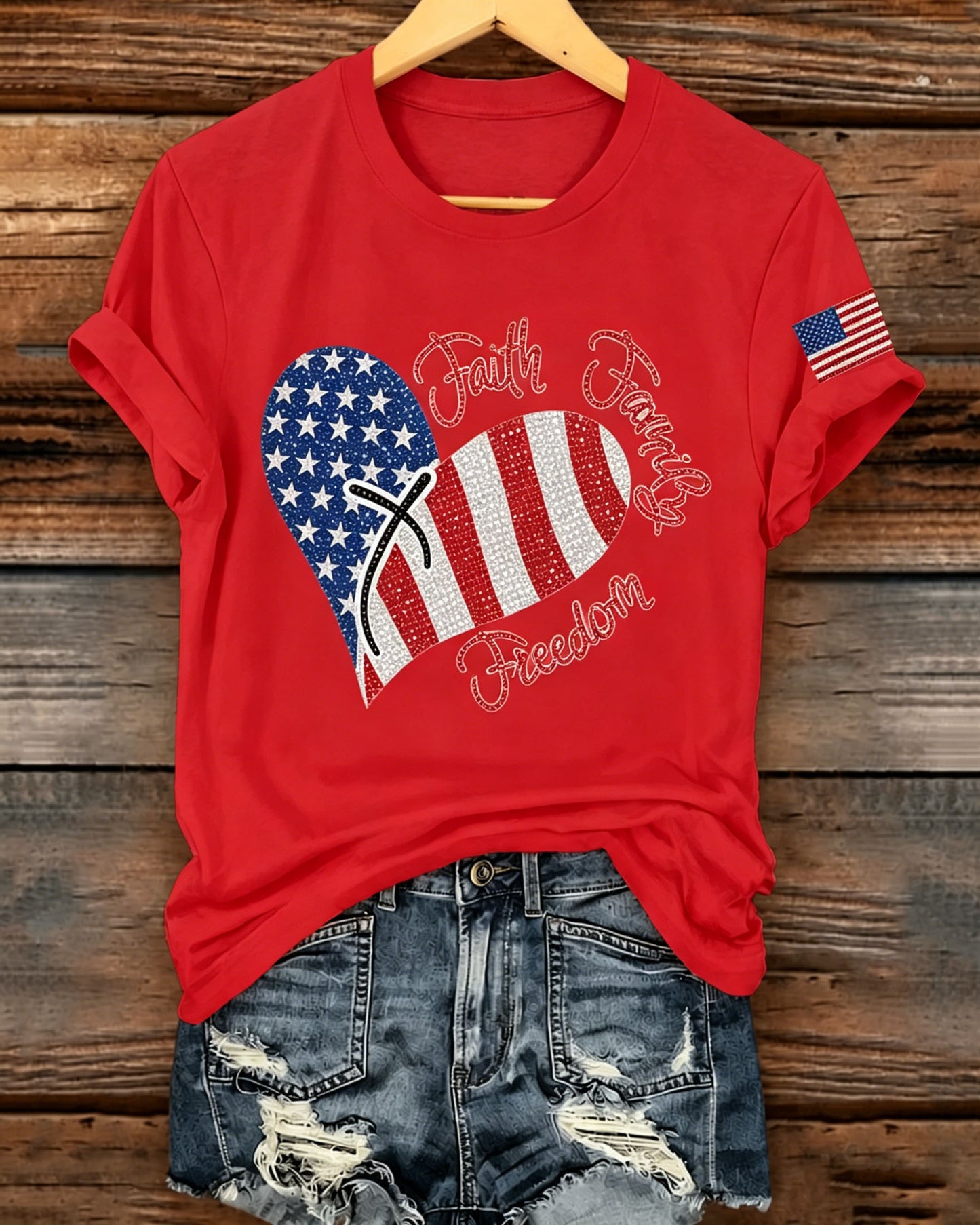 100% Cotton Flag Heart & Faith Print Crew Neck Short Sleeve Tshirt