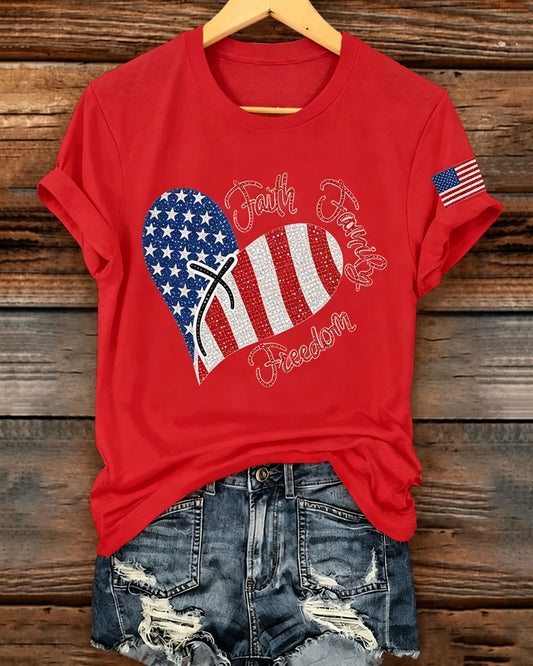 100% Cotton Flag Heart & Faith Print Crew Neck Short Sleeve Tshirt