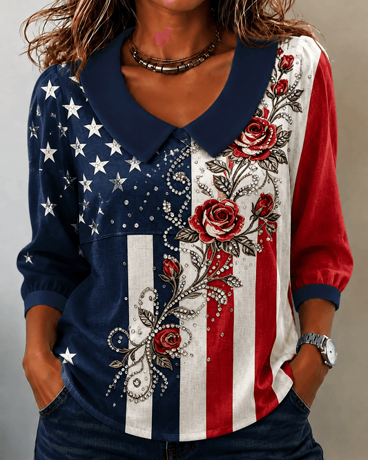 Flag & Rose Patchwork Peter Pan Collar Long Sleeve Blouse