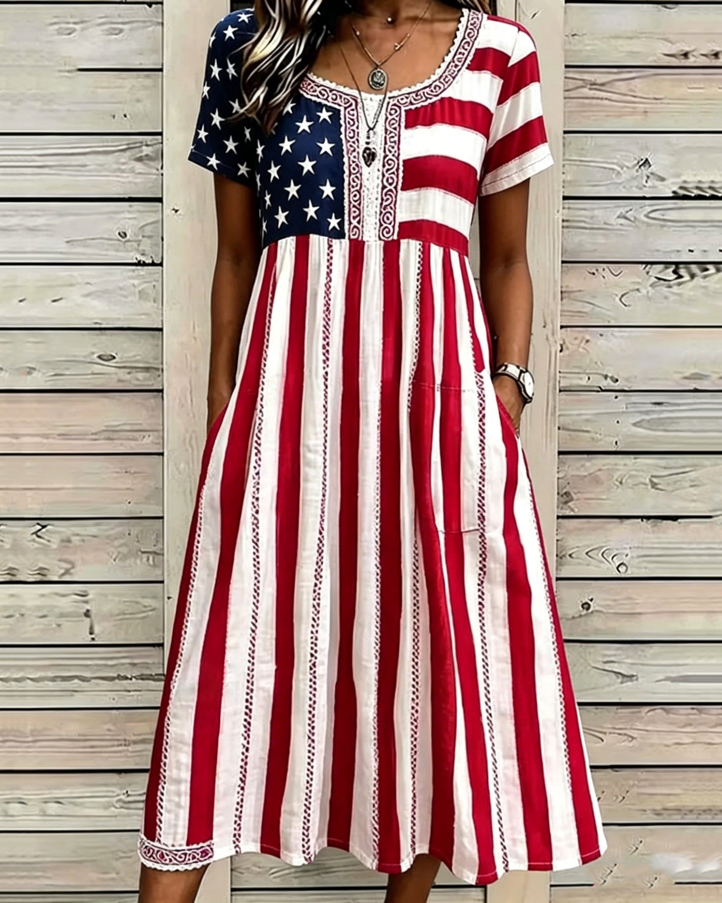 Fun American Flag Print Pocket Casual Dress