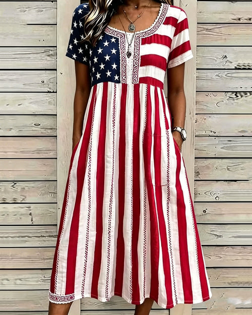 Fun American Flag Print Pocket Casual Dress