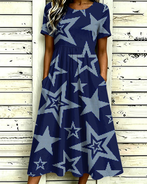 Fun Geometric Stars Print Pocket Casual Dress