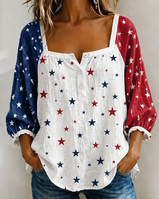 Fun Color-blocked Stars Print Square Neck Casual Blouse